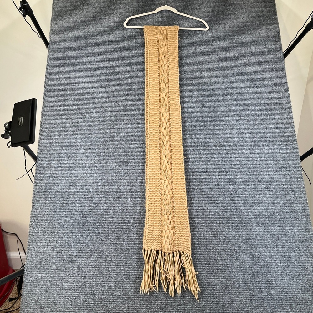 Tory Burch Cable Knit Scarf Womens Camel Tan Fringe Winter 82" 7" wide